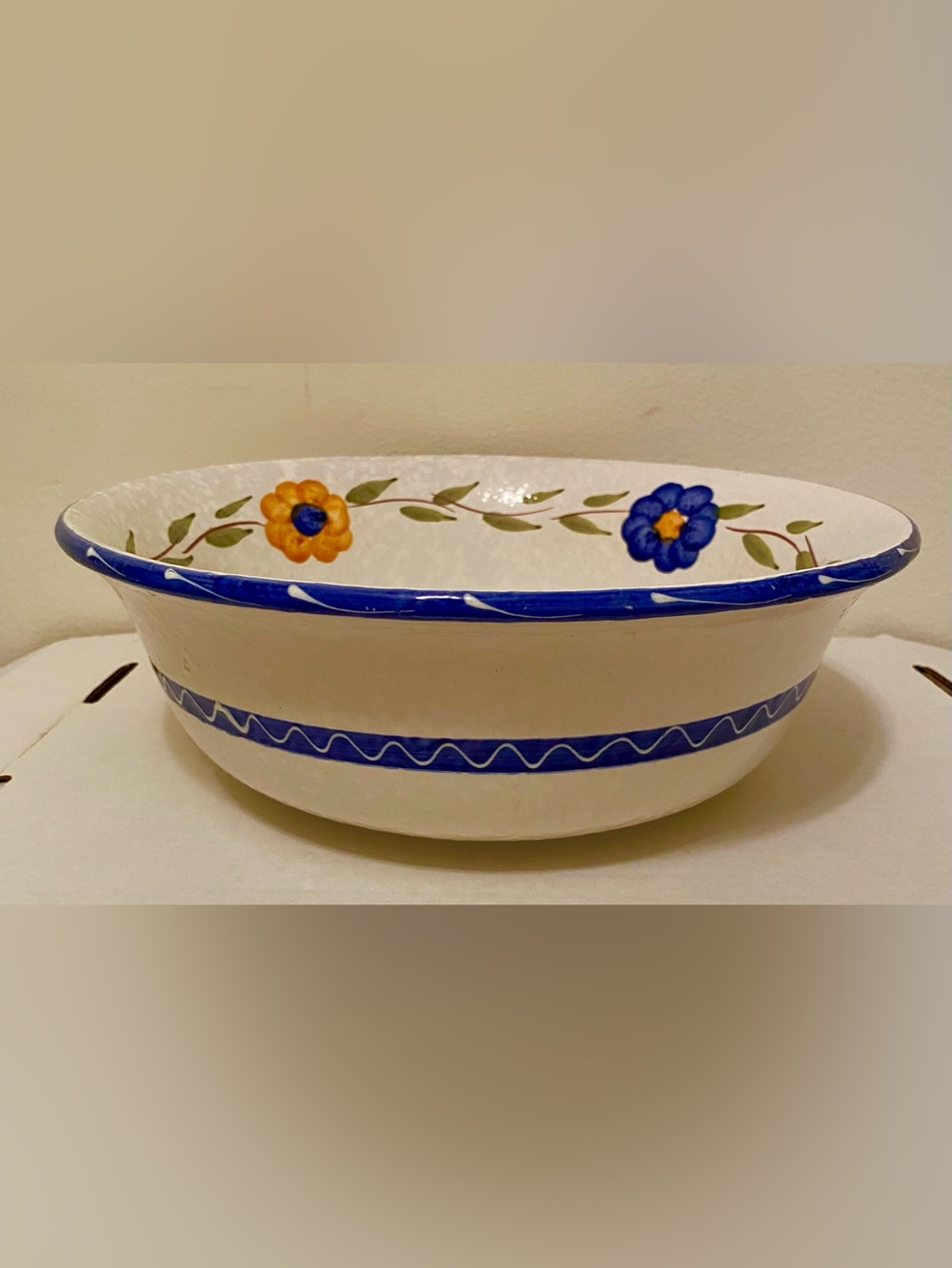 Vintage Furio Made in Italy Ceramic Floral Large 12" Bowl, White and Blue